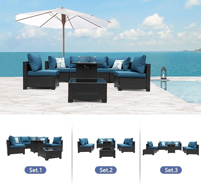 8 Pieces Patio Furniture Set with 28" Fire Pit Table, Wicker Outdoor Sectional Couch, Rattan Conversation Set for Backyard, Deck, Garden Lawn, Coffee/Peacock Blue