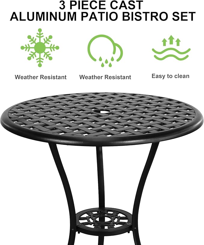Bistro Patio Set 3 Piece,Cast Aluminum Bistro Table and Chairs Set of 2 with Umbrella Hole,All Weather Bistro Table Set for Yard Garden,Outdoor/Indoor Use,Black