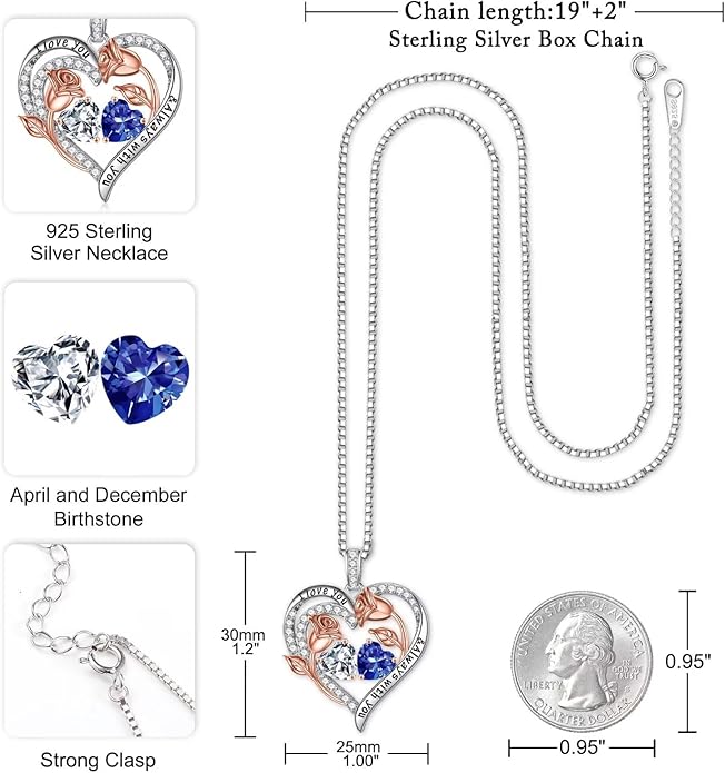 Iefil Christmas Gifts for Women Wife - 925 Sterling Silver Rose Heart Birthstone Necklace Birthday Anniversary Jewelry Gifts for Her Wife Mom Daughter