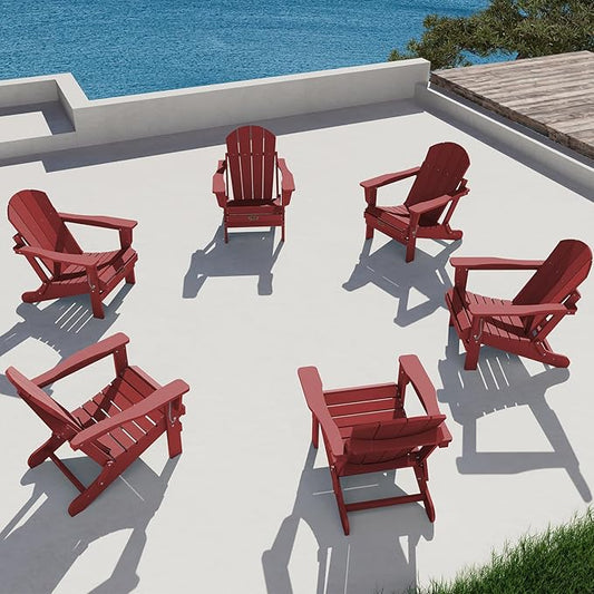 SERWALL Folding Adirondack Chair Set of 6 Weather Resistant for Patio - Red