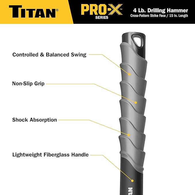 Titan Pro-X 63704 4lb Drilling Hammer, Dual-Face Sledge with Cross-Pattern Face for Concentrated Power & Flat Face for Stake Driving, Overstrike Protection, 15" Fiberglass Handle with Textured Grip
