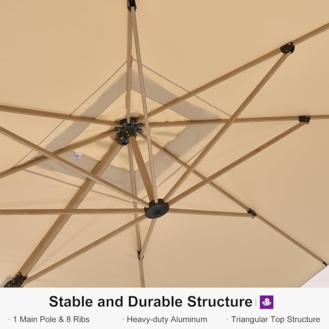 PURPLE LEAF 12FT Patio Umbrella Square Cantilever Umbrella Teak Finished Aluminum Frame Large Windproof Offset Outdoor Sun Umbrellas for Beach Pool Deck, Beige