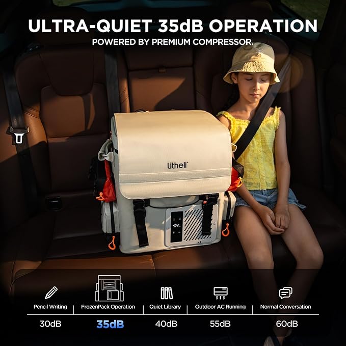 LiTHELi Frozen Pack 12V Car Refrigerator & Portable Electric Cooler, 20L/21QT with 2 U20 Batteries, -4~68℉ Travel Fridge Freezer for Camping, Road Trips, RV, Boat & Beach (Backpack Design)