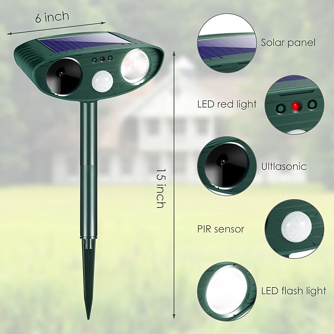 4 Pcs Solar Ultrasonic Animal Repeller Outdoor Cat Repellent Deer Repeller with Strobe Light,Waterproof Animal Deterrent Devices for Rabbit Raccoon Squirrel Dog Coyote Skunk Repellent for Yard Garden