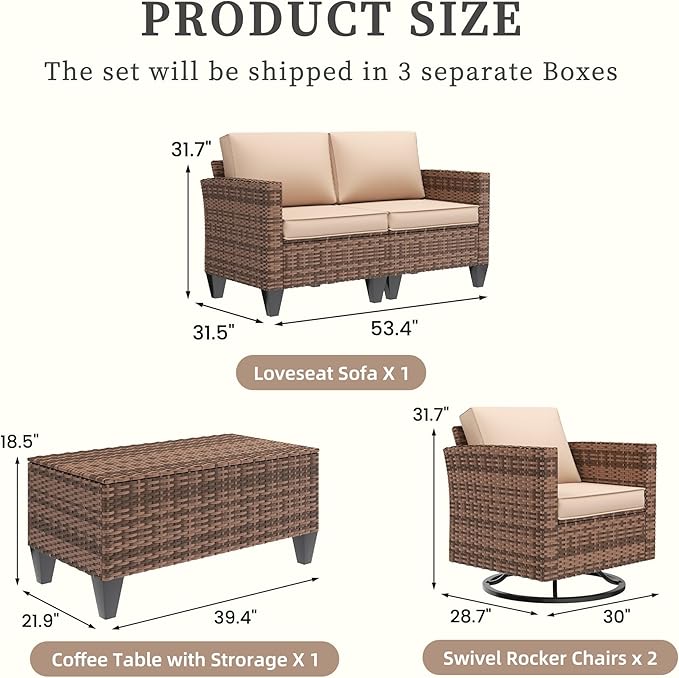 UDPATIO Patio Furniture Set, 5 Pieces Outdoor Furniture Sets with Rocking Swivel Chairs, Wicker Rattan Patio Conversation Set with Storage Table and Waterproof Covers for Backyard Deck Porch, Khaki