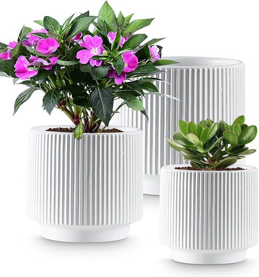 OXART Large Plant Pot, 10/8/6 Ceramic Pots for Plants with Drainage, 3 Piece Planters for Indoor Plants, Home Garden Flower Pots for Outdoor Cacti, Succulents, Snakes, and Pothos, White