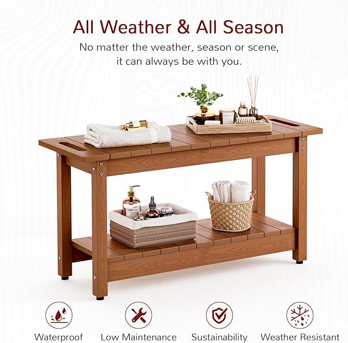 Stoog 35.5" Large Shower Bench, Waterproof Shower Stool with Storage Shelf and Handles, Adjustable and Non-Slip Feet, Shower Chair for Inside Shower, Brown