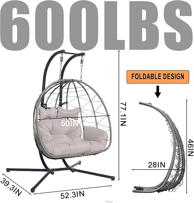 Double Hammock Egg Chair 2 Person Egg Chair Indoor Outdoor Swing with Stand Patio Wicker Hanging Chair Widened and Enlarged for Balcony Bedroom Porch Adults Kids