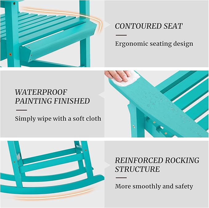 Outdoor Rocking Chairs Set of 2, Rocking Chair Outdoor All Weather Wooden Rockers, Heavy Duty 350lbs, High Back Wide Seat Patio Chairs for Porch, Backyard, Garden, Aqua Sky