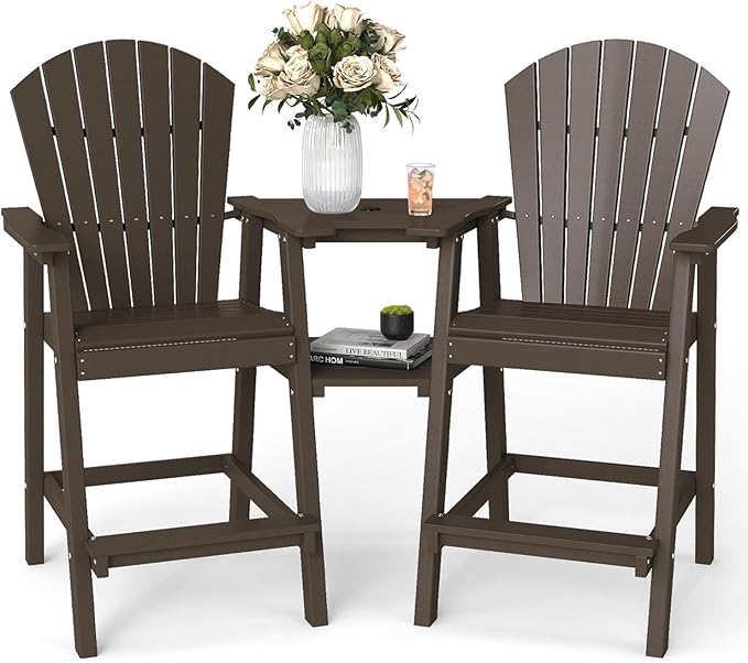 FOOWIN Tall Adirondack Chair Set of 2, All Weather HDPE Bar Height Adirondack Chair with Double Connecting Trays, Adirondack Barstools for Balcony, Deck, Backyard, Patio, Garden Walnut