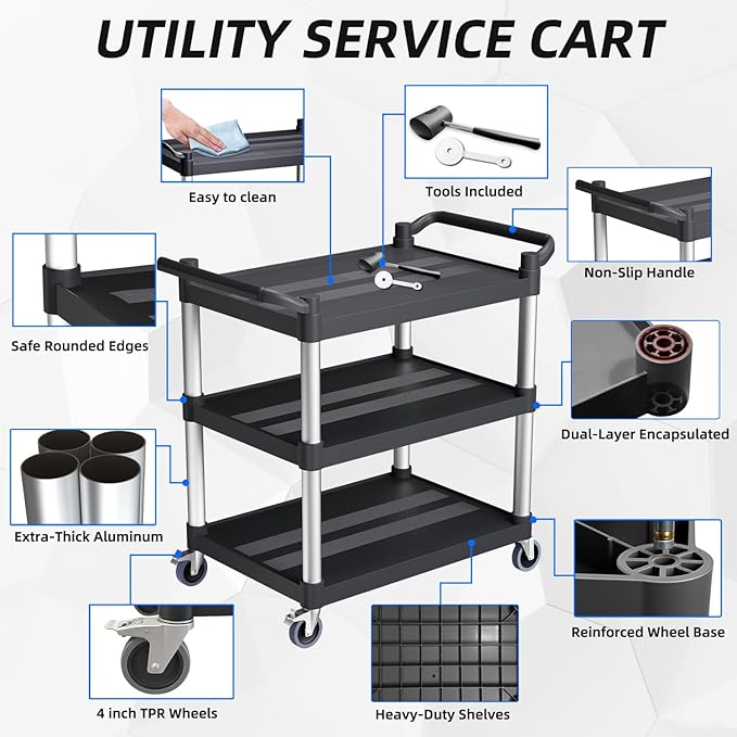 Plastic Utility Carts with Wheels, 3-Tier Rolling Service Cart, 300 lbs Heavy Duty Capacity with 4 inch Silent Casters(2 Lockable), for Home, Office, Restaurant, Warehouse.31.5"× 16" × 38"