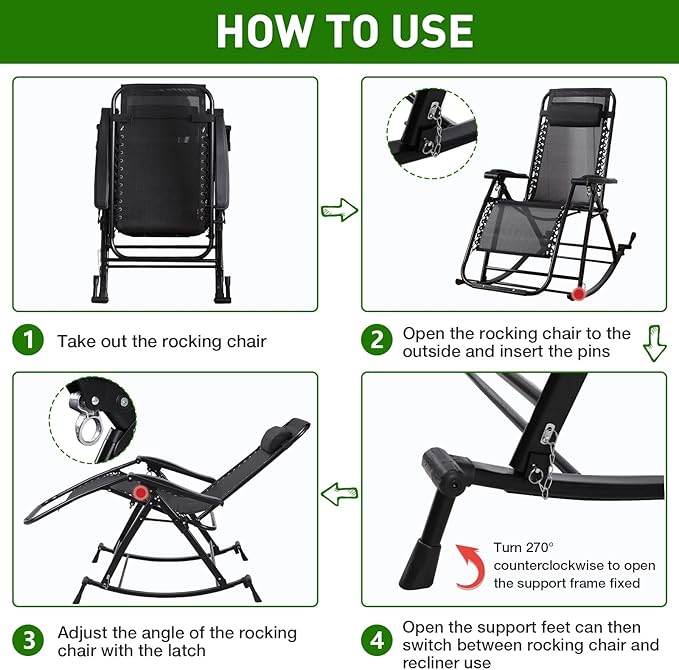 FLOGUOR Outdoor Rocking Chairs,Foldable Reclining Zero Gravity Lounge Rocker with Pillow,Footrest, for Camping Patio Garden, Supports 330 LBS (Black1)