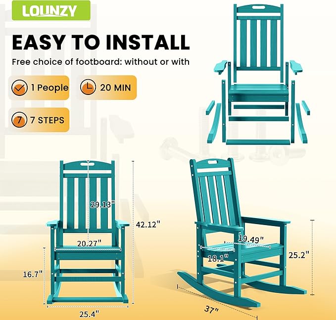 LOUNZY Outdoor Rocking Chair with Footboards Set of 6, HDPE Rocking Chair Patio Porch Rocker with 380lbs Support for Adult, Aruba