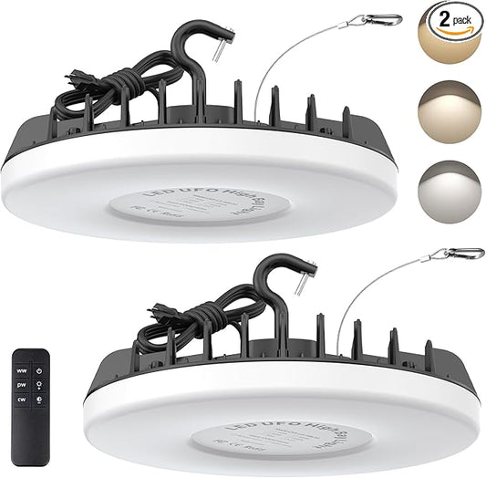 LED Shop Lights 200W - 24000LM UFO LED High Bay Light with 3 CCT Adjustable, 10%-100% Dimmable Remote Control IP65 Waterproof Garage Lighting for Workshop, 2 Packs