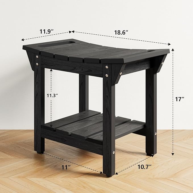 Stoog Shower Bench, Waterproof Shower Stool with Storage Shelf and Handles, Adjustable and Non-Slip Feet (Black, 18.6")
