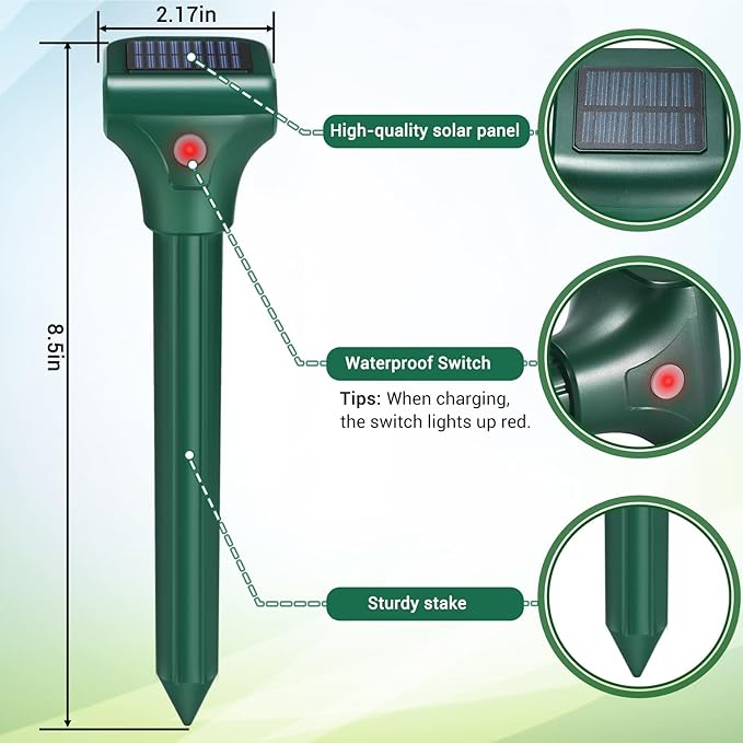 Mole Repellent Solar Powered, 8 Pack Snake Repellent for Yard Rabbit Repellent Outdoor IP65 Waterproof, to Get Rid of Vole, Gopher, Groundhog, Rodent, Chipmunk, Raccoon and Skunk for Lawn & Garden