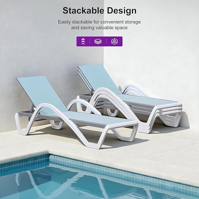 PURPLE LEAF Patio Chaise Lounge Chair Set Outside Aluminum Plastic Stackable Tanning Chairs with Armrests and Side Table for Pool Sunbathing Beach Deck Outdoor Lounger, Light Blue