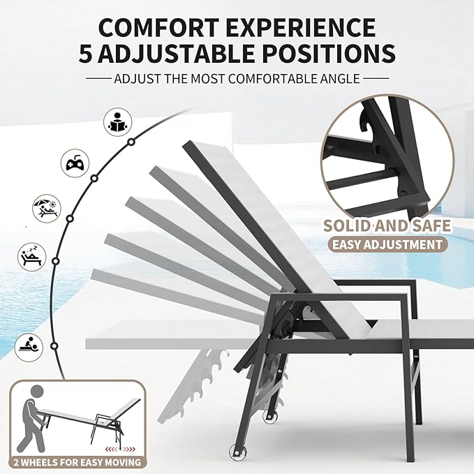 Aluminum Chaise Lounge Chair Outdoor (Set of 2) -Patio Lounge Chair with Wheels and 5-Position Adjustable Backrest and Outdoor Recliner Full Flat Tanning Chair for Beach,Patio,Lawn,Pool,White