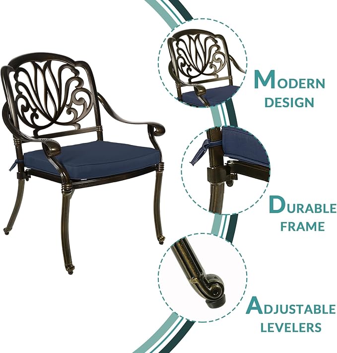 MEETWARM 3 Piece Patio Bistro Set, Outdoor All-Weather Cast Aluminum Dining Furniture Set Includes 2 Cushioned Chairs and a 35.4” Round Table with Umbrella Hole for Garden Deck, Navy Blue