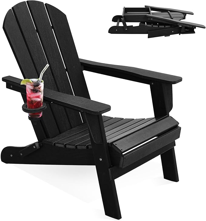 LOUNZY Folding Adirondack Chair with Cup Holder, HDPE All-Weather Folding Patio Chair, Outdoor Patio Adirondack Chair for Lawn Porch Garden Backyard Deck Fire Pit, Black