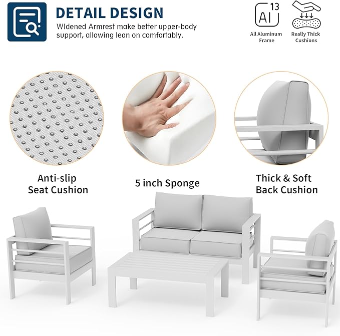 UDPATIO Aluminum Patio Furniture Set, 4 Seats Modern Outdoor Seating Set for Balcony(Include Waterproof Sofa Cover)