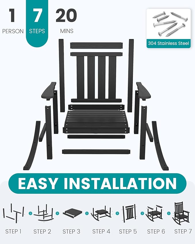 SERWALL Oversized Cushioned Outdoor Rocking Chair, HDPE Rocker with Cushion, Patio Rocking Chairs for Porch, Black Chair+Gray Cushion