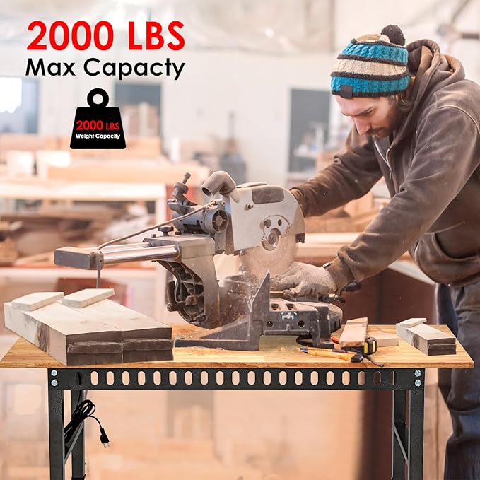 54.3 "Adjustable Workbench with Power Outlet, Heavy Duty 2000 LBS Load Capacity Hardwood Workbench Suitable for Workshop, Office, Garage, Home (Rubber Pad丨Power Outlets 54.3"x21.6")