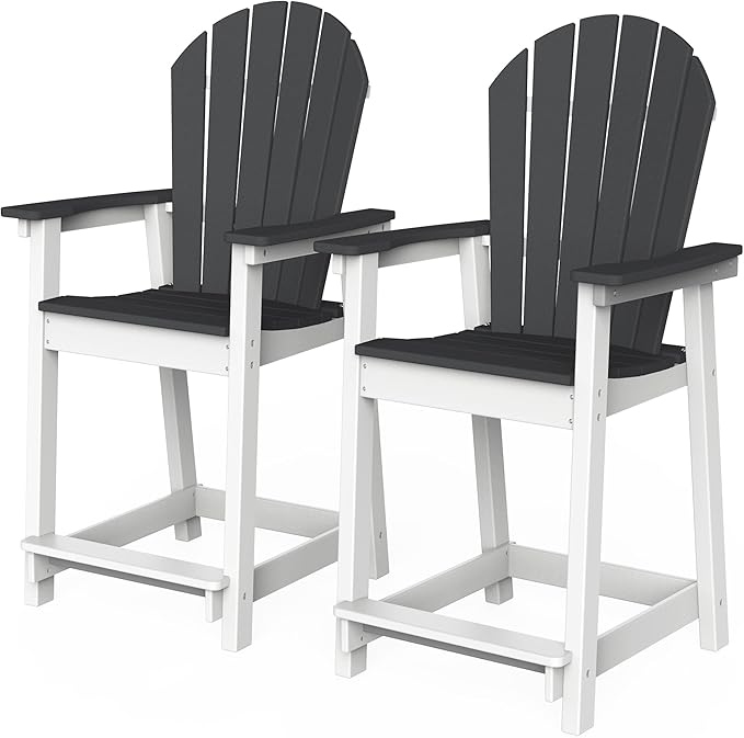 OTSUN Outdoor Tall Adirondack Chairs Set of 2, Patio Bar Stool Chair with High Back, 400lbs, Widened Arms, All-Weather Balcony Chair for Backyard, Garden, Yard (2PCS, White & Grey)