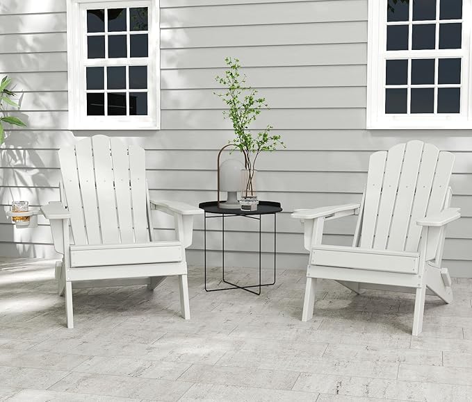 FOOWIN Adirondack Chair Set of 6, Folding Adirondack Chair with Cup Holder, HDPE All-Weather Fire Pit Chair for Patio, Garden, Backyard, Poolside, White