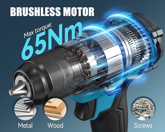 Tilswall 20V Cordless Drill, Power Drill with 65N.m High Torque, 18+1 Torque Settings, 1/2-Inch Keyless Chuck, Two Variable Speed, Battery and Charger, with LED for Craftsmen DIY