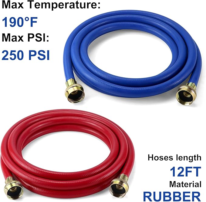 2 PACK Rubber Washing Machine Hoses Burst Proof Red and Blue Coded Washer Machine for Hot and Cold Water 3/4" Connection Supply Lines by Fetechmate Washer Hoses (12 FT)