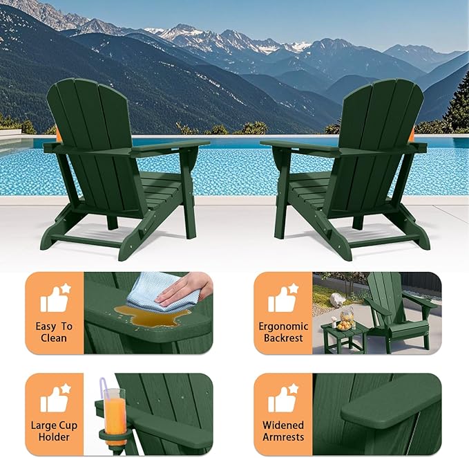 Folding Adirondack Chair, HDPE All-Weather Patio Chairs for Outdoor, Patio, Lawn, Garden, Backyard Deck, Fire Pit - Dark Green