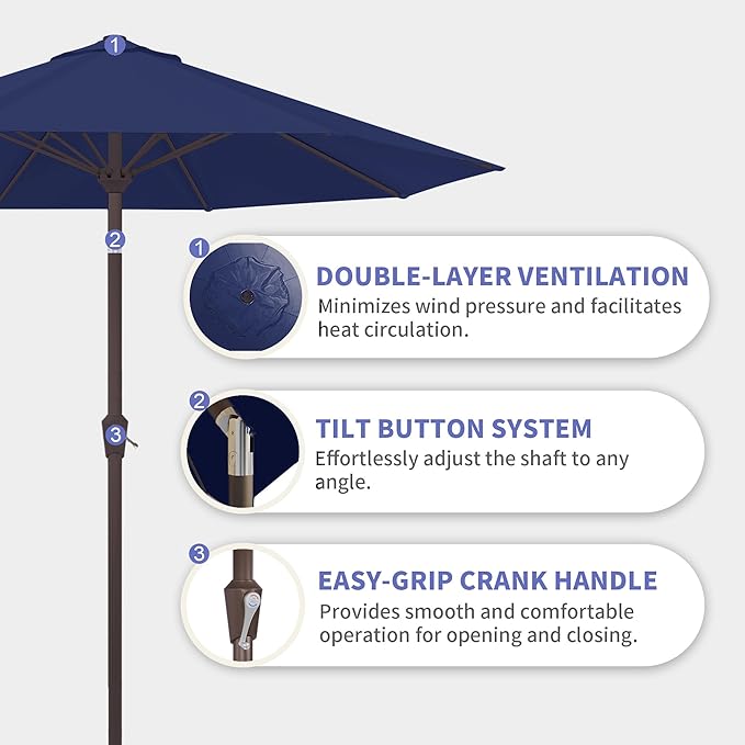 Kingdura 10FT Outdoor Patio Umbrella, Market Table Umbrella with Push Button Tilt and Crank, 8 Sturdy Fiberglass Ribs, UV Protection for Pool, Lawn, Deck, Backyard, Garden (Navy blue)