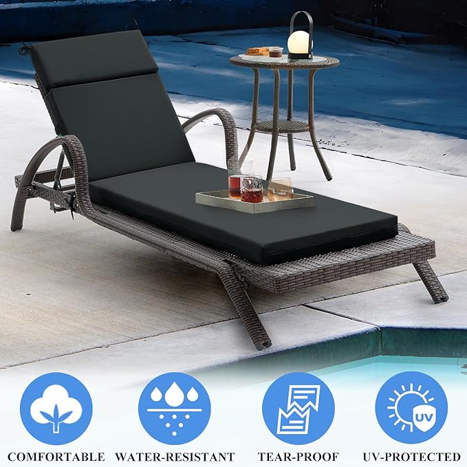 FILUXE Chaise Lounge Cushions Outdoor Furniture, High-Density Foam Chair Cushion with Ties, Weather & Fade Resistant - Patio Recliner Chairs Cushions for Lawn,Pool & Beach 72x21x3 Inch, Deep Grey