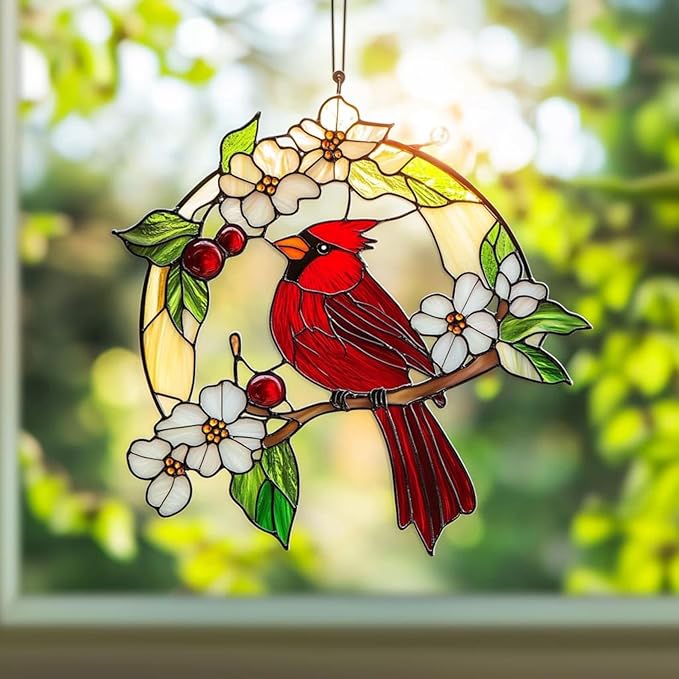 Cardinal Christmas Ornament Red Birds Acrylic Suncatcher Window Hanging Stained Glass Effect Art Garden Decor Unique Memorials Gift for Mom Grandma Women Thanksgiving