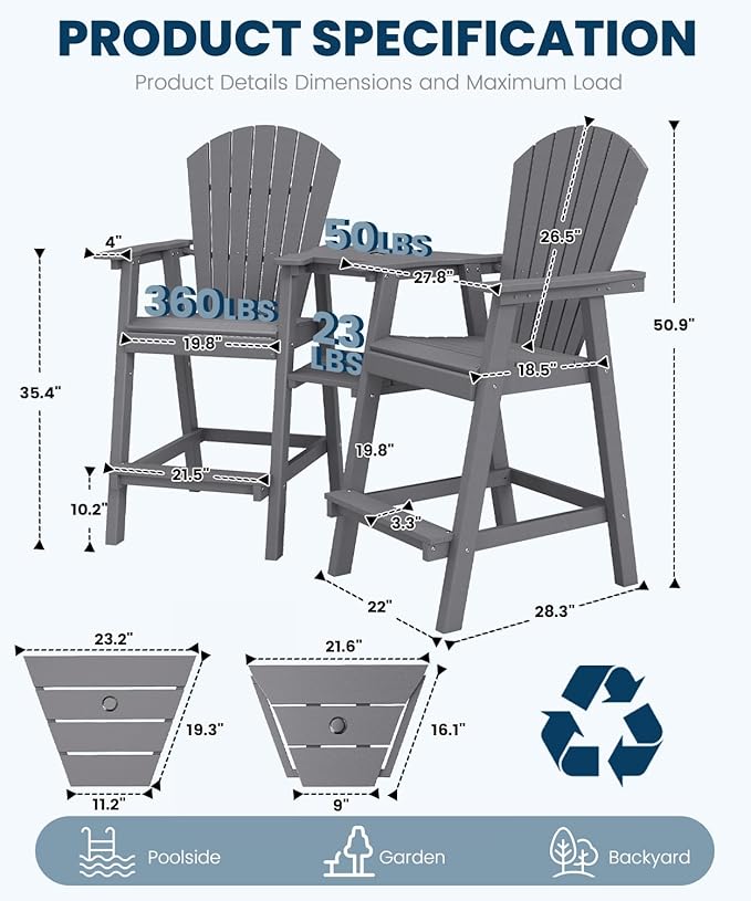 FOOWIN Tall Adirondack Chair Set of 2, All Weather HDPE Bar Height Adirondack Chair with Double Connecting Trays, Adirondack Barstools for Balcony, Deck, Backyard, Patio, Garden Grey