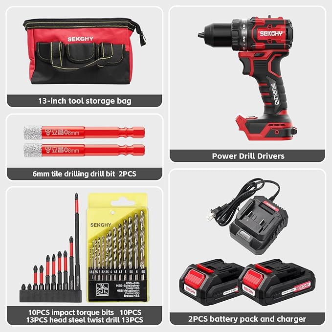 20V Power drill cordless, 70N.m High Torque, with LED Light, 26-Piece Accessory Set, 2 Batteries & Fast Charger Included for Wood & Metal Drilling