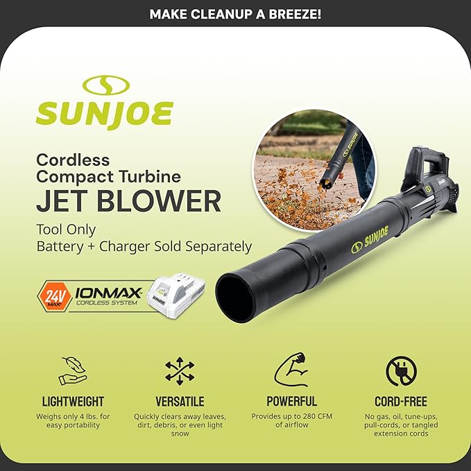Sun Joe 24-Volt Cordless Compact Turbine Leaf Blower, 100 MPH Air Speed, 280 CFM Airflow