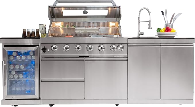 43.5-Inch 6-Burner 85000 BTU Deluxe Stainless Steel Gas Outdoor Kitchen Bar Barbecue Island Grill + Wine Cooler Compact Refrigerator + Rotisserie + Granite Countertops + Storage Cabinets & Drawers