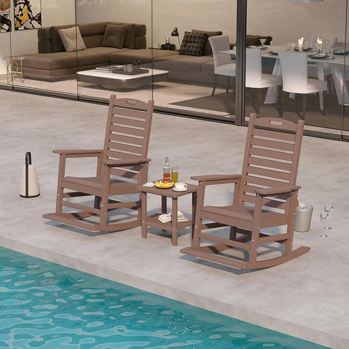 Brown Outdoor Rocking Chairs Set of 2 with Footrest, Side Table & Beige 9FT Patio Umbrella, HDPE Rocking Lawn Chair for Garden, Poolside, Deck, Weatherproof Porch Rocker