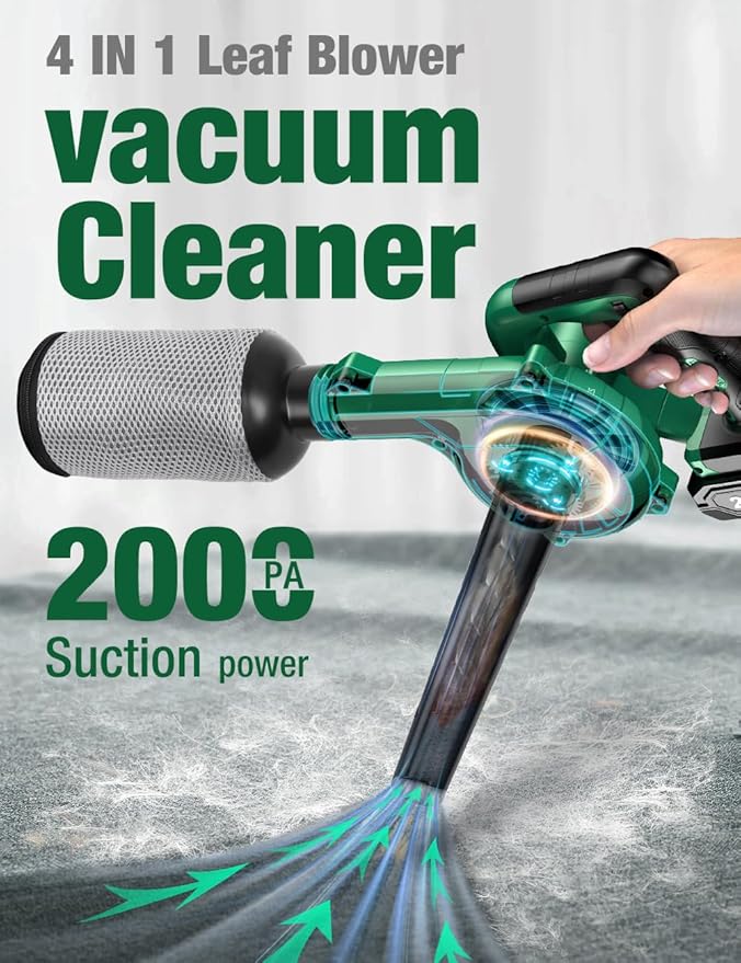 K I M O. Cordless Leaf Blower Vacuum Combo 4 in 1, 3 Nozzles &3 Modes for Inflation & Deflation, Extended Tube & Variable Speed, 20000RPM 150MPH, 2x2000mAh Battery Powered Leaf Blowers for Lawn Care
