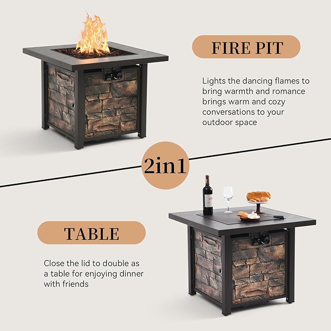 32'' Propane Fire Table for Outdoor, Sintered Stone Tabletop & Polyresin Natural Stone Base, 50000 BTU Gas Fire Pit Table for Outside Patio and Garden, with Lava Rock