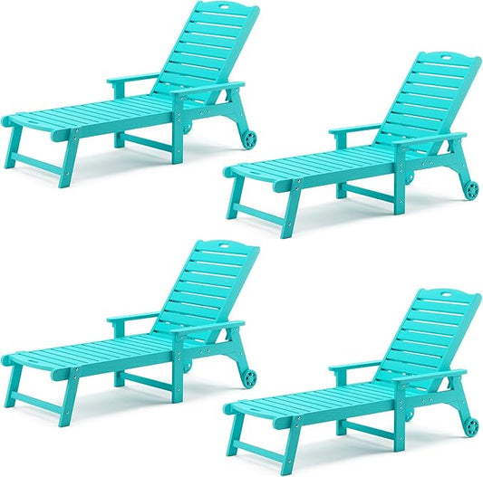 LUE BONA Outdoor Chaise Lounge Chairs Set of 4, 79'' Oversized HDPS Chaise Lounger, 5 Positions Adjustable Lounge Chairs, Pool Lounge Chair with Wheels for Poolside, 3 Year Warranty, Aruba Blue