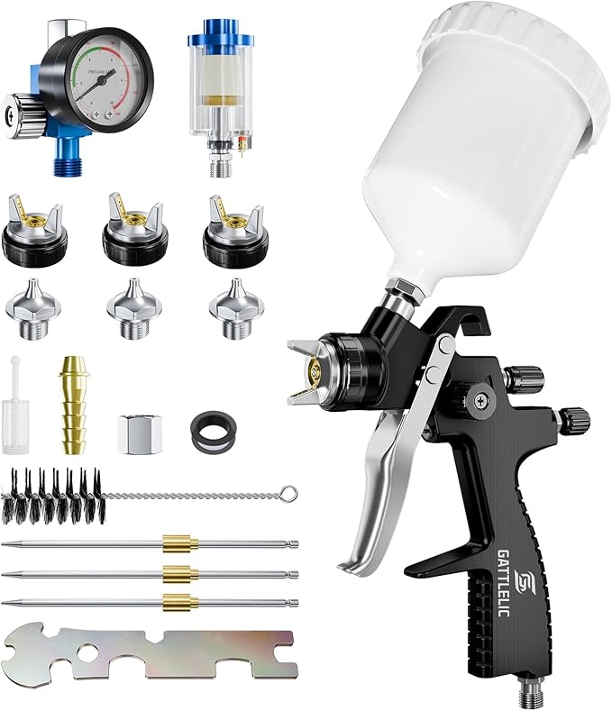 LVLP Air Spray Gun Premium Kit with 1.3/1.5/1.7mm Nozzle & Air Regulator,Automotive Paint Sprayer, for Cars & House DIY Painting Gun(Black)