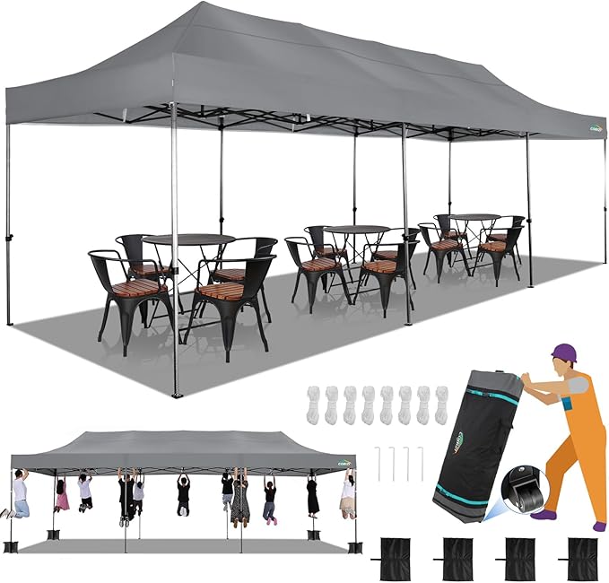 COBIZI 10x30 Heavy Duty Pop up Canopy Party Tent for Parties Weddings Events UPF 50+ Waterproof Commercial Gazebo with Roller Bag, Gray