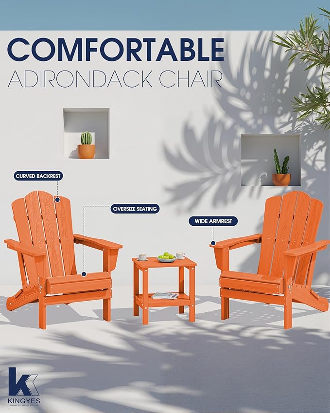 KINGYES Folding Adirondack Chair Set of 8, HDPE All-Weather Folding Adirondack Chair, Orange