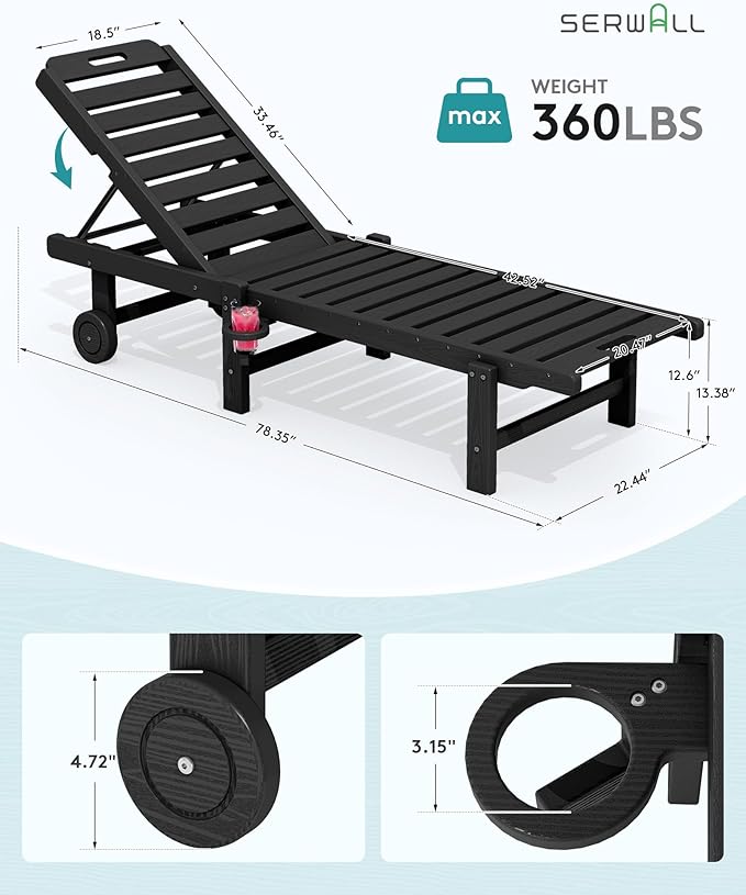 SERWALL Patio Chaise Lounge Set of 4, HDPE Outdoor Lounge Chair with Cup Holder, 5 Positions Adjustable Poly Lounge Chair with Rolling Wheels for Poolside, Deck, Sunbathing, Black