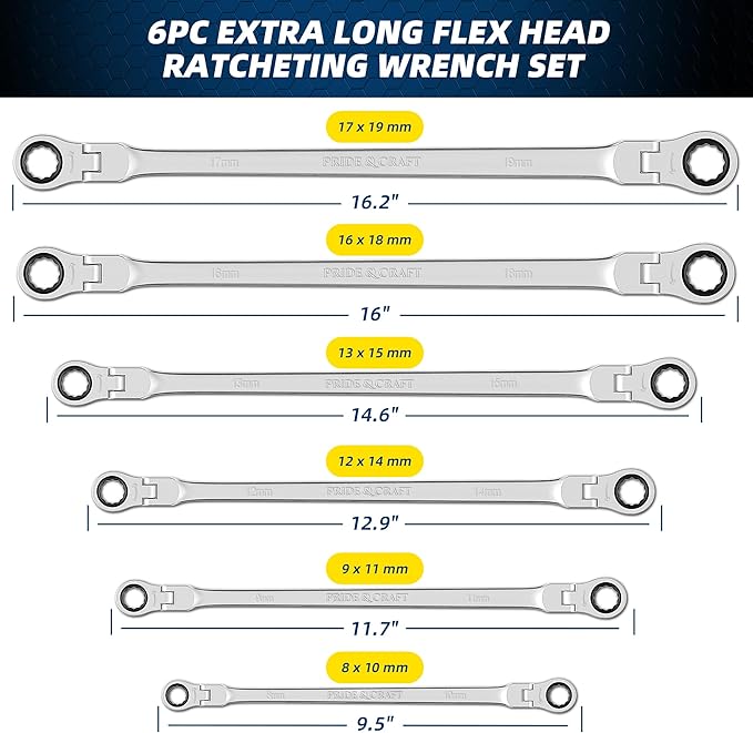 PRIDE&CRAFT 6-Piece Extra Long Flex Head Ratcheting Wrench Set - Metric Double Box End (8-19mm), CR-V Steel, 90-Tooth Ratchet Wrench for Automotive Repair, EVA Organizer