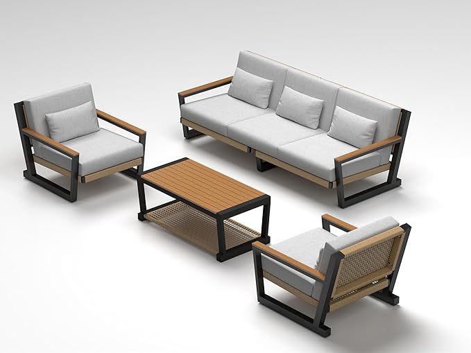 Aluminum Patio Sofa Set with PE Rope Weaving, 500lbs Capacity Outdoor Conversation Set, Waterproof UV-Resistant Cushions & Powder-Coated Frame, Modern Sectional for Poolside, Garden Yellow