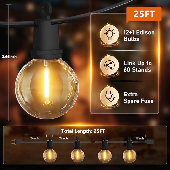 25Ft Christmas LED G40 Globe Outdoor String Lights Waterproof Patio Lights with 13 Warm White Bulbs, Hanging Light for Backyard Balcony Wedding Christmas Party Decorations Xmas Tree Black Wire
